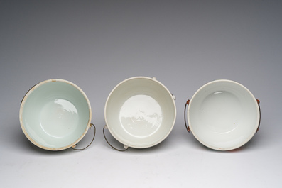 Three Chinese famille rose and qianjiang cai warming bowls and covers, 19th/20th C.