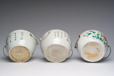 Three Chinese famille rose and qianjiang cai warming bowls and covers, 19th/20th C.