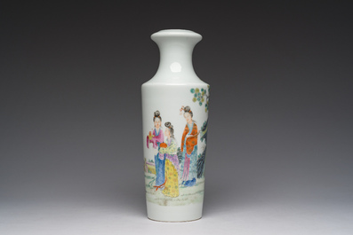 A Chinese famille rose vase with figures in a garden, Qianlong mark, Republic