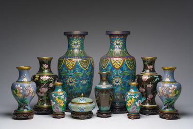 Nine Chinese cloisonn&eacute; vases and a covered bowl, 20th C.