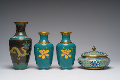 Nine Chinese cloisonn&eacute; vases and a covered bowl, 20th C.