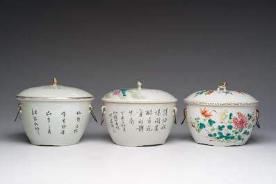 Three Chinese famille rose and qianjiang cai warming bowls and covers, 19th/20th C.