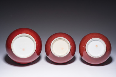 A pair of Chinese langyao bottle vases and a double gourd vase, Qianlong mark, 20th C.