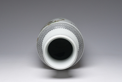 A Chinese famille rose rouleau vase with immortals in a garden, Qianlong mark, 20th C.