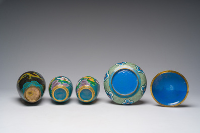 Nine Chinese cloisonn&eacute; vases and a covered bowl, 20th C.