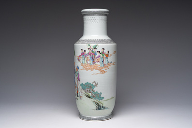 A Chinese famille rose rouleau vase with immortals in a garden, Qianlong mark, 20th C.
