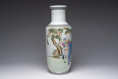 A Chinese famille rose rouleau vase with immortals in a garden, Qianlong mark, 20th C.