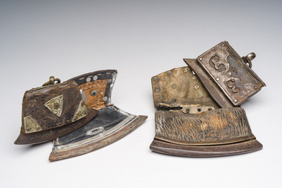 Six Tibetan leather and bronze fire flint purses or chuk muk, 19th C.