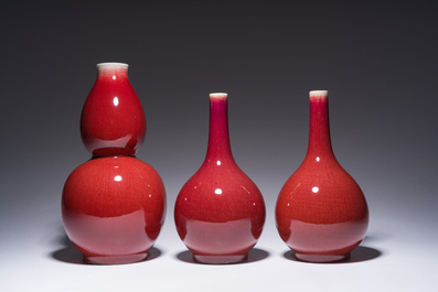 A pair of Chinese langyao bottle vases and a double gourd vase, Qianlong mark, 20th C.