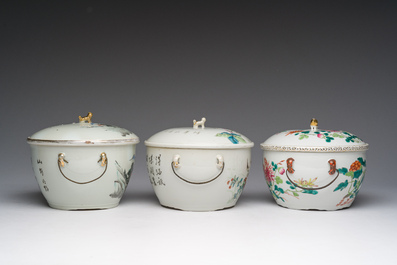 Three Chinese famille rose and qianjiang cai warming bowls and covers, 19th/20th C.