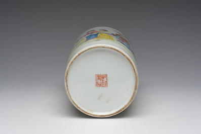 A Chinese famille rose vase with figures in a garden, Qianlong mark, Republic