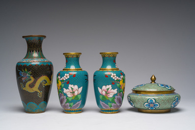 Nine Chinese cloisonn&eacute; vases and a covered bowl, 20th C.