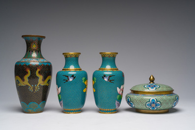 Nine Chinese cloisonn&eacute; vases and a covered bowl, 20th C.