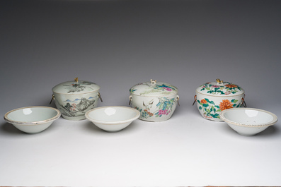 Three Chinese famille rose and qianjiang cai warming bowls and covers, 19th/20th C.