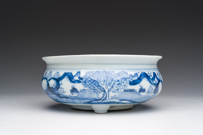 A Chinese blue and white tripod censer with figures in a landscape, 19th C.