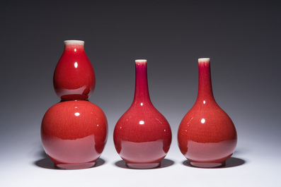 A pair of Chinese langyao bottle vases and a double gourd vase, Qianlong mark, 20th C.