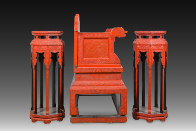A Chinese five-piece red lacquer throne ensemble with dragons in imperial Qianlong style, 20th C.