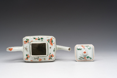 A rectangular Chinese famille verte teapot and cover, Kangxi