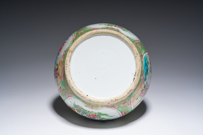 A Chinese bottle-shaped Canton famille rose vase with palace scenes and birds and butterflies among blossoming branches, 19th C.