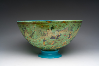 A large turquoise glass bowl painted with battle, hunting and polo scenes, Qajar, Iran, 19th C.
