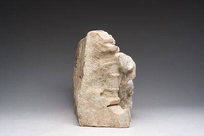 An Indian white marble Jain temple sculpture fragment with Jina flanked by elephants and a mythical lion, probably Gujarat, 15th/16th C.