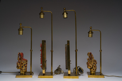 Two pairs of table lamps with South-Chinese reticulated gilt wooden carvings, 20th C.