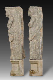 A pair of carved stone mantelpiece pillars in the shape of a man and a woman, probably Flanders, 16th/17th C.