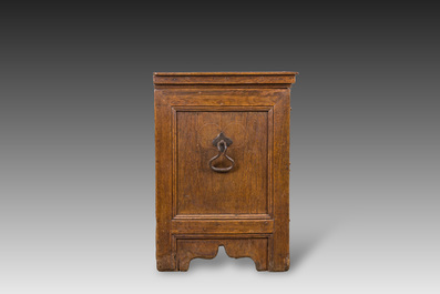 An inscribed German oak chest with two arches, 18th C.