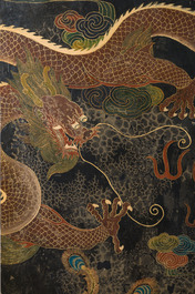 A Chinese five-piece red lacquer throne ensemble with dragons in imperial Qianlong style, 20th C.