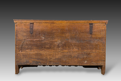 An inscribed German oak chest with two arches, 18th C.