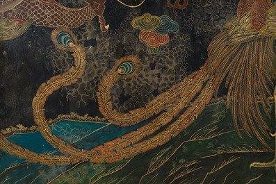 A Chinese five-piece red lacquer throne ensemble with dragons in imperial Qianlong style, 20th C.