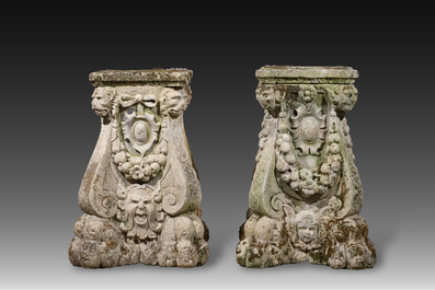 A pair of carved stone pedestals in the Neo-Renaissance style, 19th C.