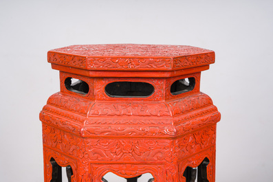 A Chinese five-piece red lacquer throne ensemble with dragons in imperial Qianlong style, 20th C.