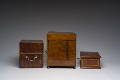 Two rectangular boxes and a liquor cellar in various wood types, 19th/20th C.