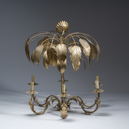A Hollywood Regency style patinated metal six-light palm tree chandelier, 20th C.