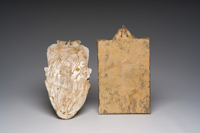 An Italian maiolica holy water font and a Spanish luster-glazed 'Madonna and Child' plaque, 17th/19th C.