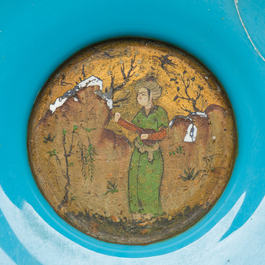 A large turquoise glass bowl painted with battle, hunting and polo scenes, Qajar, Iran, 19th C.