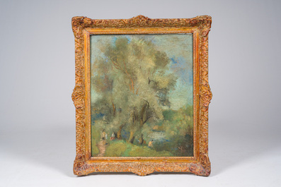 French or Belgian school, in the manner of Alice Frey (1895-1981): Recreation on the banks of the river, oil on canvas, 20th C.