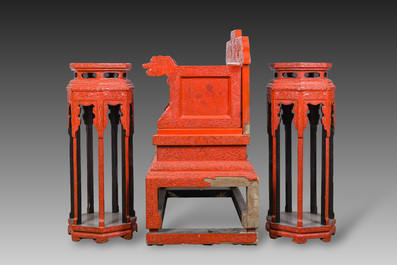 A Chinese five-piece red lacquer throne ensemble with dragons in imperial Qianlong style, 20th C.