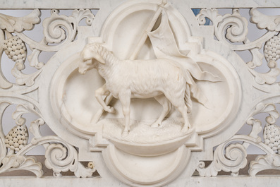 A Gothic Revival reticulated white marble 'Agnus Dei' relief, 19th C.