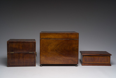 Two rectangular boxes and a liquor cellar in various wood types, 19th/20th C.
