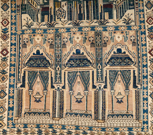 A Caucasian wool Baluch (Balochi) or Shirvan carpet depicting a mosque, dated 1943