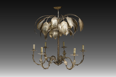 A Hollywood Regency style patinated metal six-light palm tree chandelier, 20th C.