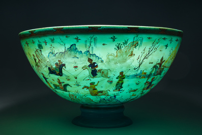 A large turquoise glass bowl painted with battle, hunting and polo scenes, Qajar, Iran, 19th C.