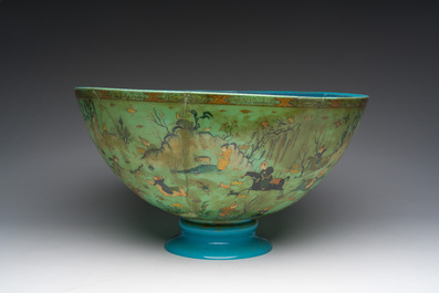 A large turquoise glass bowl painted with battle, hunting and polo scenes, Qajar, Iran, 19th C.
