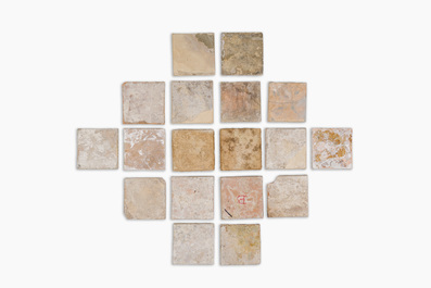 18 blue, white and polychrome Dutch Delft tiles, 17th C. and later