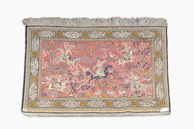 A Persian Qom (Qum/Ghom) silk rug with hunting scenes, 20th C.