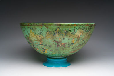 A large turquoise glass bowl painted with battle, hunting and polo scenes, Qajar, Iran, 19th C.