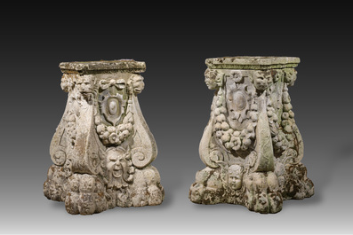A pair of carved stone pedestals in the Neo-Renaissance style, 19th C.