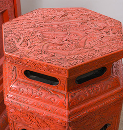 A Chinese five-piece red lacquer throne ensemble with dragons in imperial Qianlong style, 20th C.